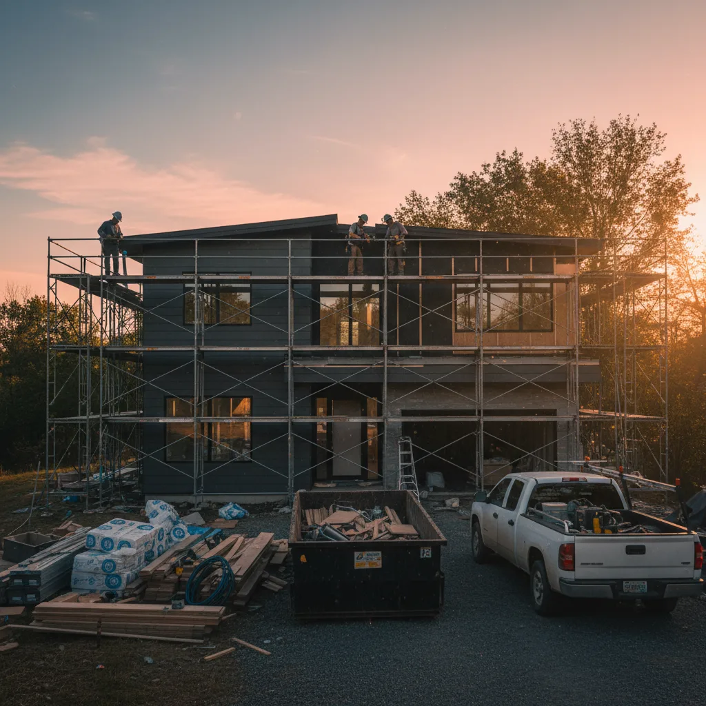 Chantier de rénovation extérieure d'une maison avec isolation et jardin aménagé